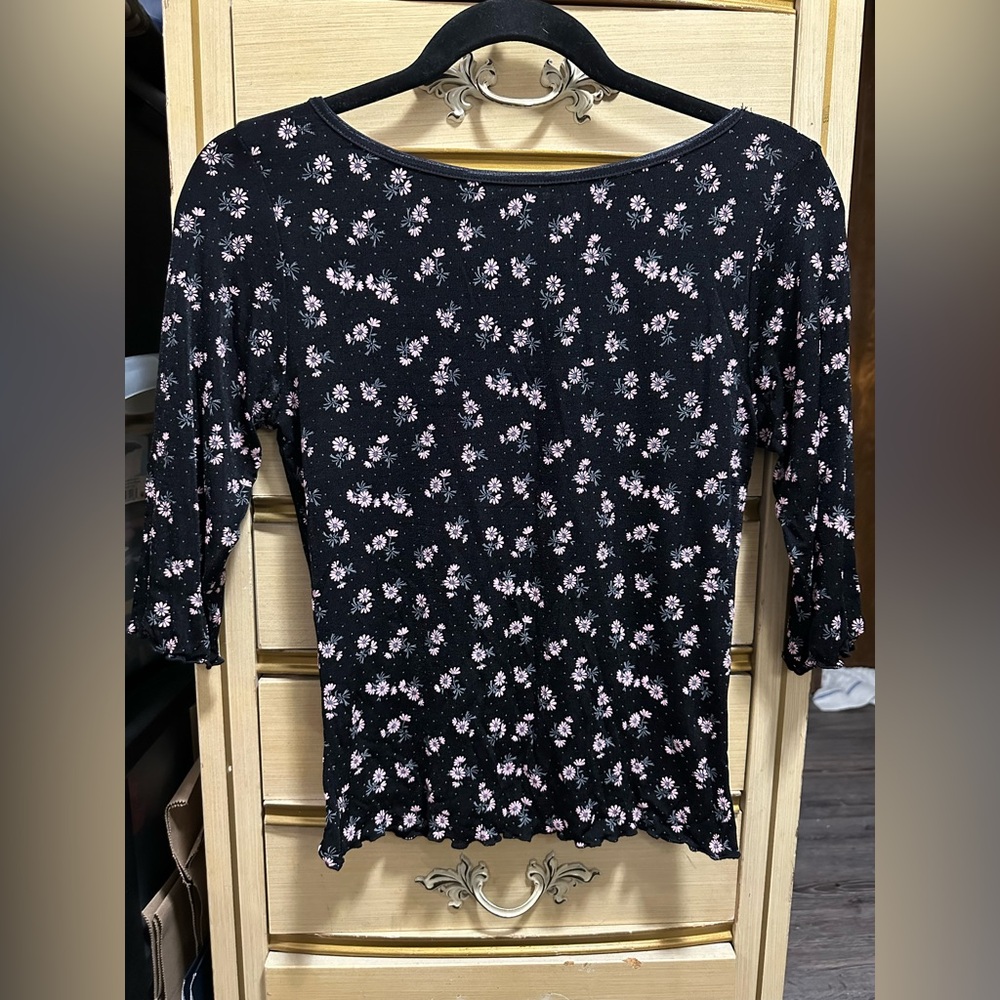 Vintage Jazz Sport Satin Floral Black and Pink Women's Long Sleeve Top Size LP